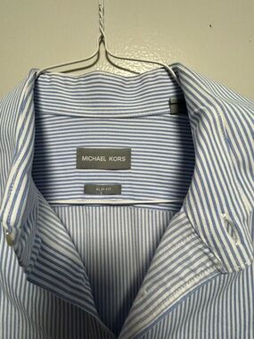 Michael Kors Men’s Slim Fit Light Blue & White Pinstripe Dress Shirt